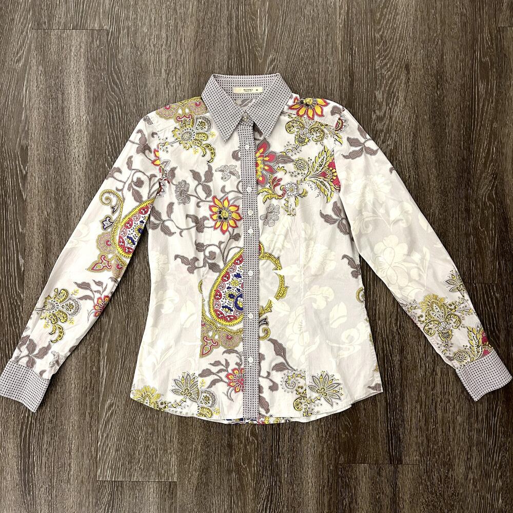 EUC Etro Floral Paisley Button Down Shirt US 6 Long Sleeve Cotton Stretch Top
